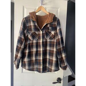 Shein Women’s Sherpa Lined Plaid Flannel Jacket Hoodie Shacket Brown Navy Small
